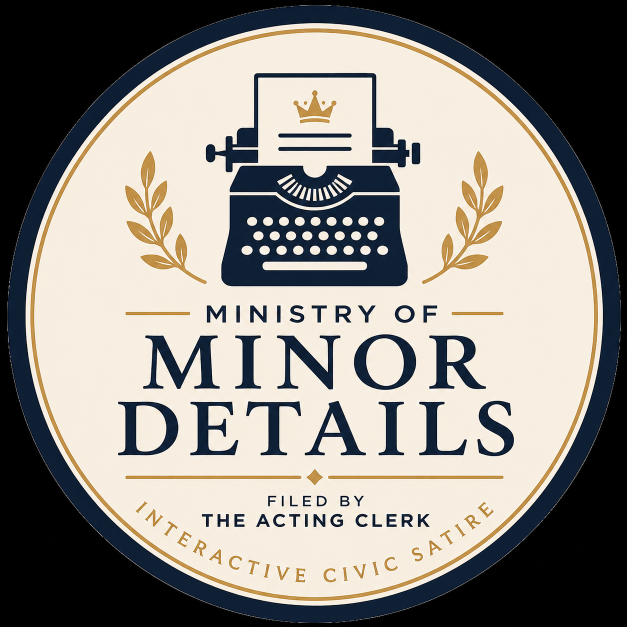 Ministry of Minor Details official seal: a typewriter crowned and flanked by laurels, filed by the Acting Clerk
